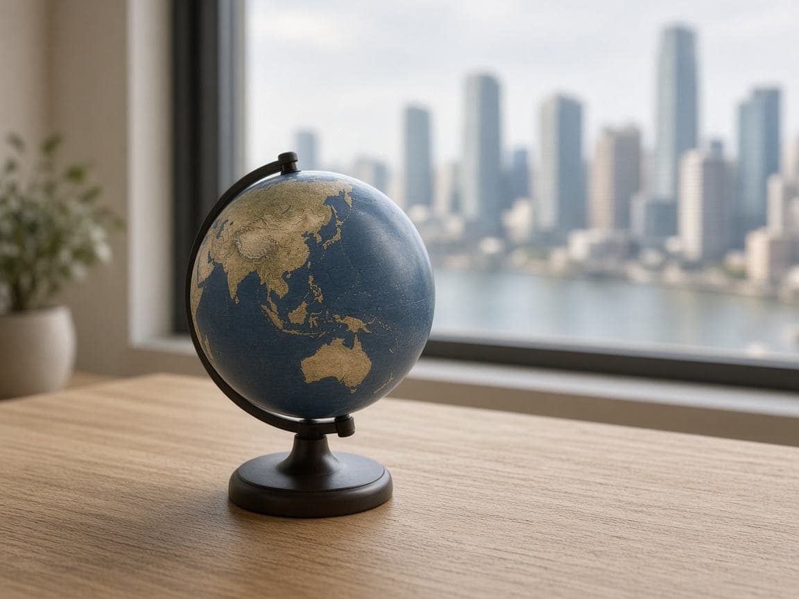 A desktop globe turned toward East Asia